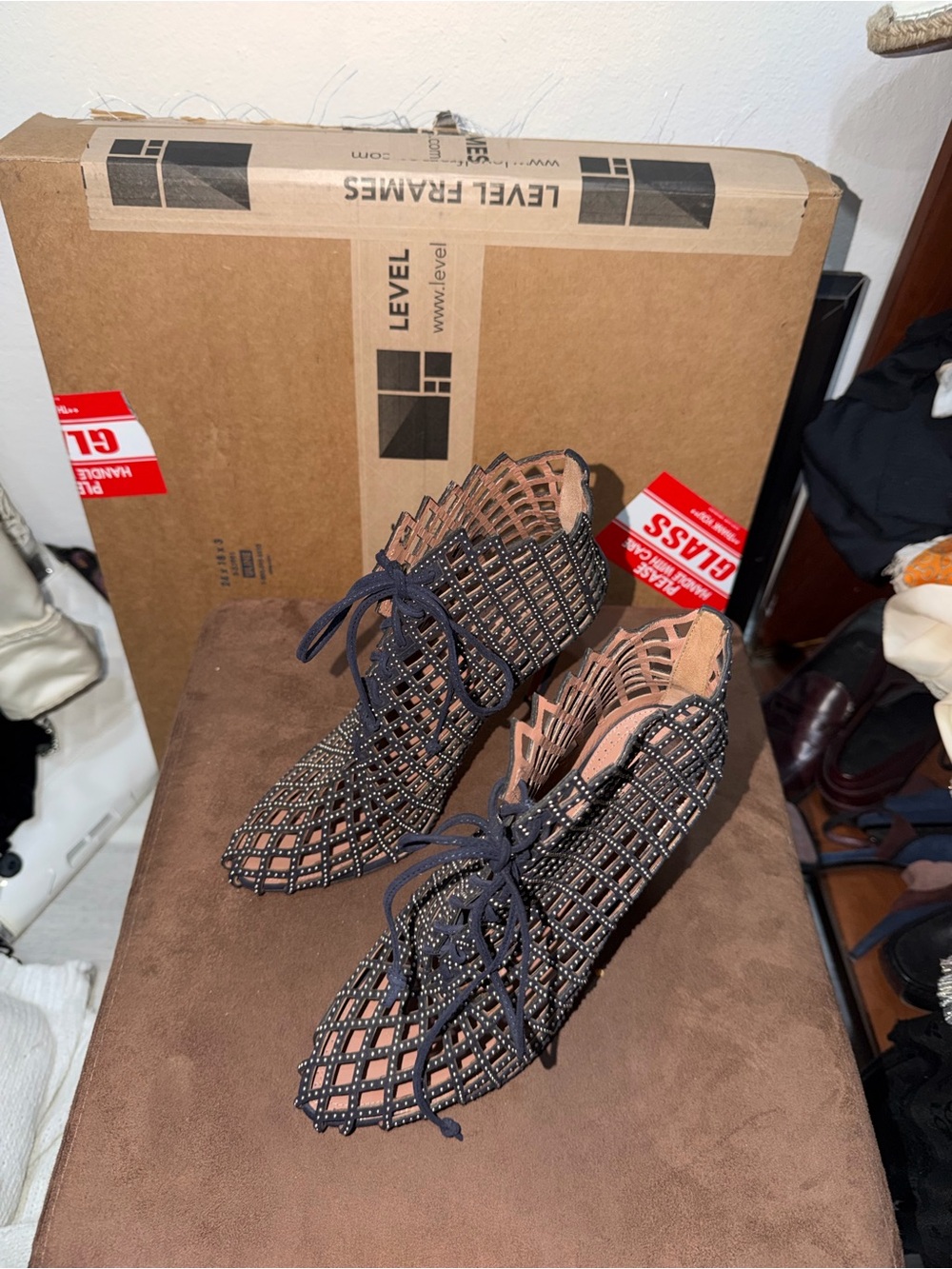 Alaïa Black Open Lattice Lace-Up Ankle Boots